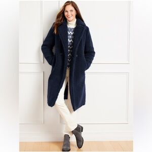 Talbots Sherpa Teddy Coat Women L Navy Blue Long Plush Cozy Chic Double Breasted